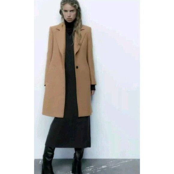ZARA WOMEN'S FITTED WOOL BLEND DOUBLE-BREASTED COAT CAMEL/TAN S 8496 298 S - Picture 4 of 11